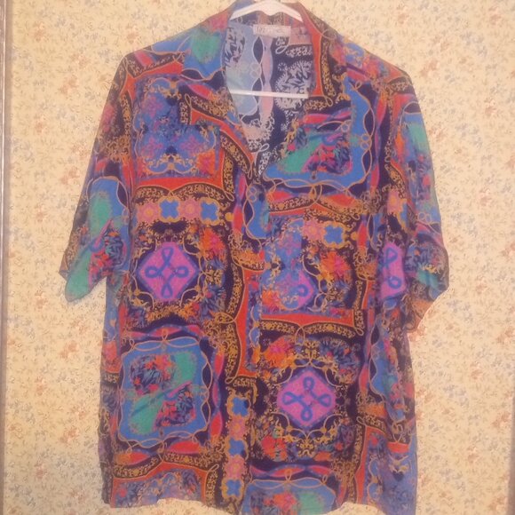 Diane Gilman Women's XL Fancy Print Elegant Silk Button Down Vintage Blouse DG2 - Picture 1 of 5